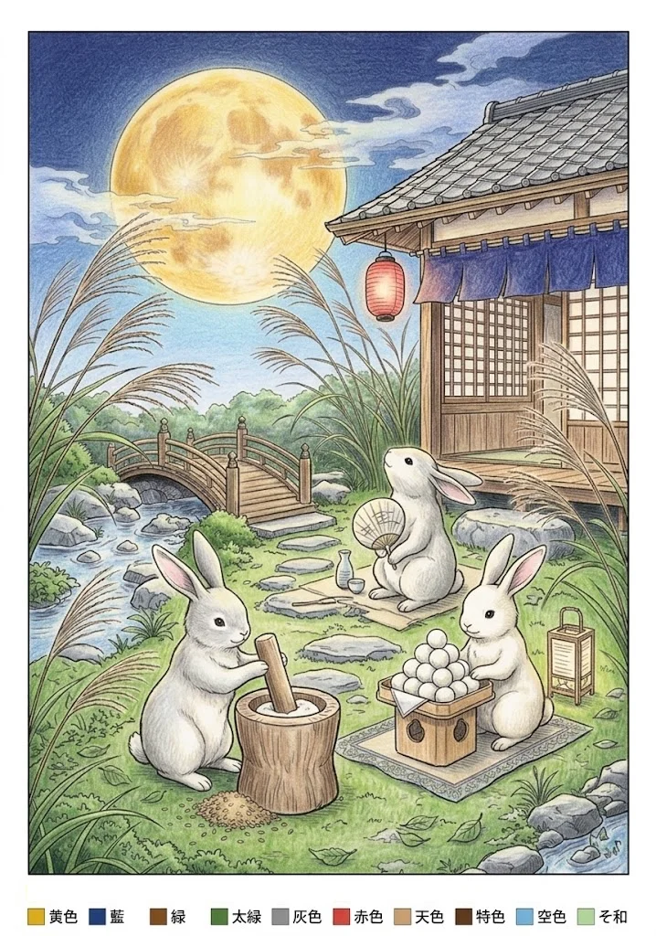 お月見の塗り絵 完成見本（彩色の見本）