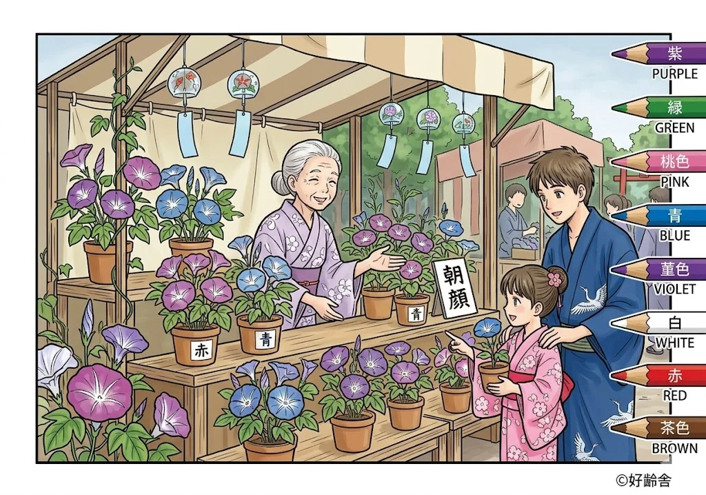 朝顔市の塗り絵 完成見本（彩色の見本）