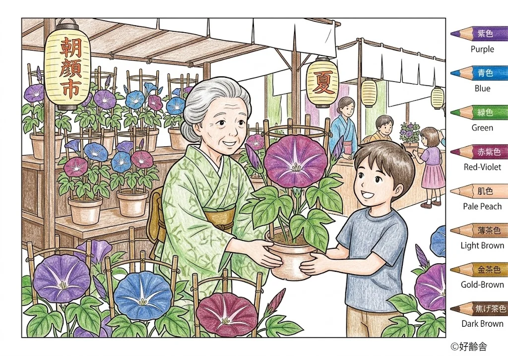 朝顔市の塗り絵 完成見本（彩色の見本）