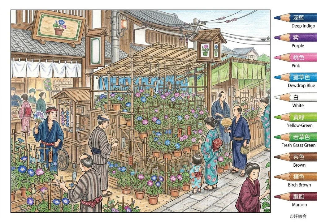 朝顔市の塗り絵 完成見本（彩色の見本）