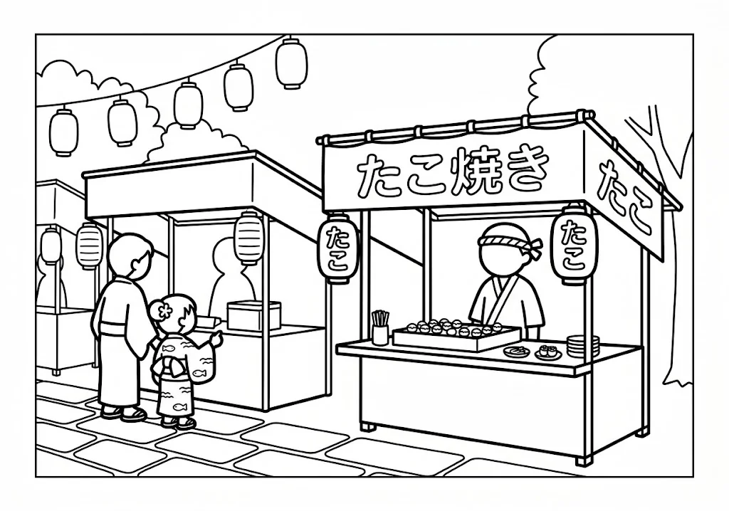 高齢者向け無料塗り絵：浴衣姿の親子がたこ焼き屋台に並ぶ、提灯灯る夏祭りの夜店（脳トレ・A4印刷用）