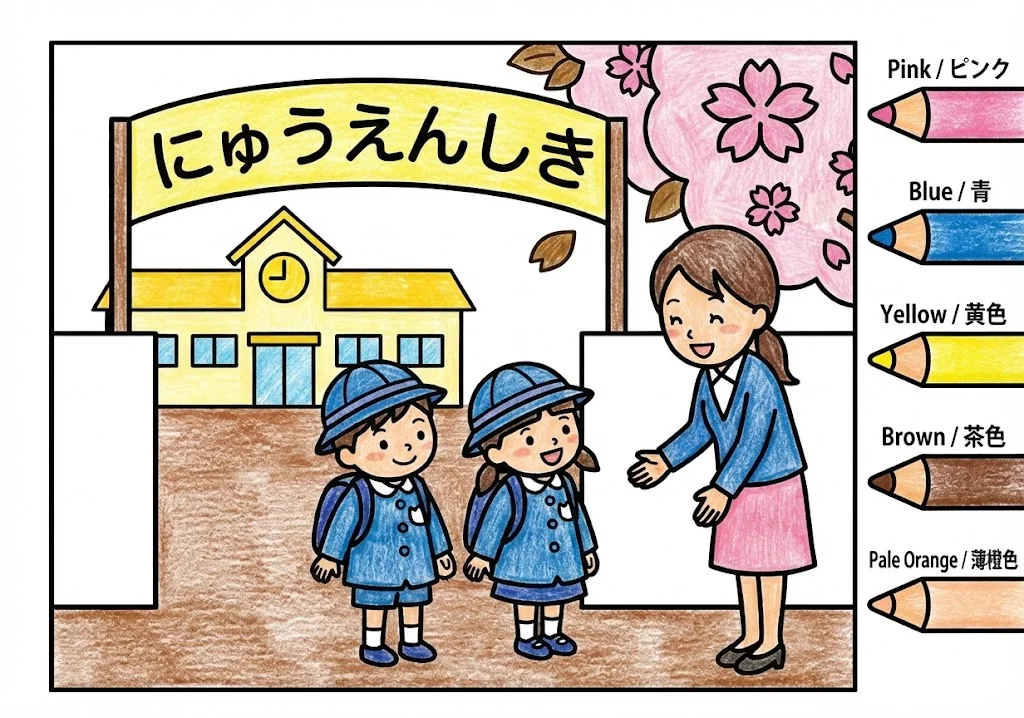 入学の塗り絵 完成見本（彩色の見本）
