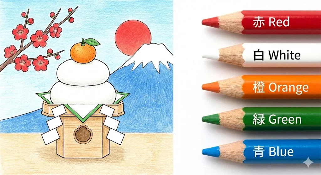 お正月の塗り絵 完成見本（彩色の見本）