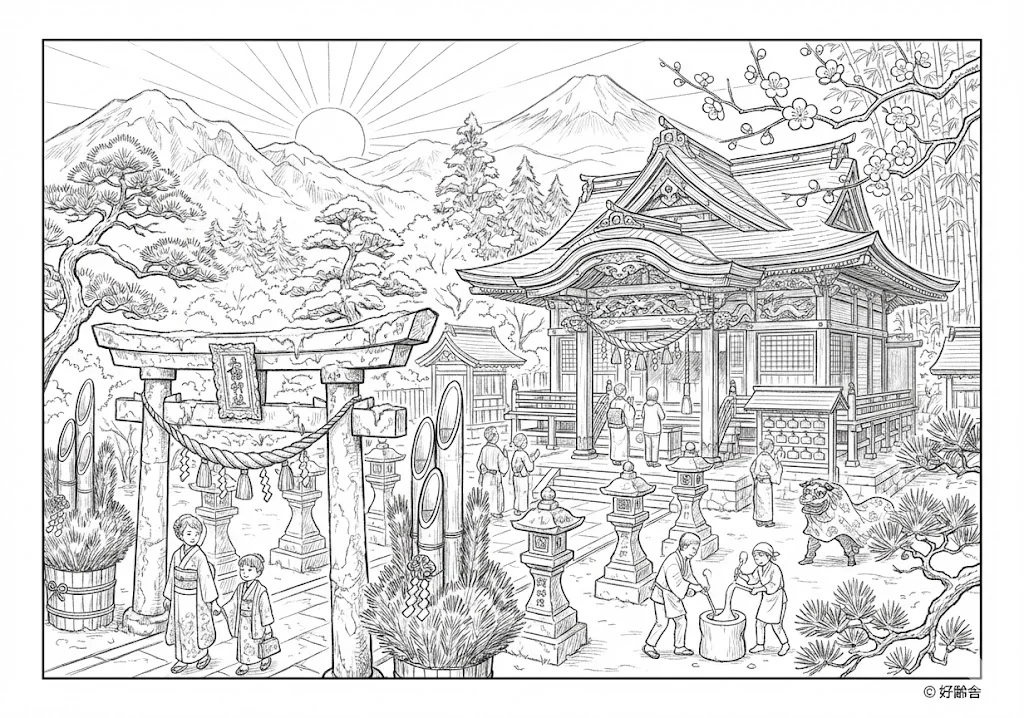 高齢者向け無料塗り絵：一年の始まりを祝う、おめでたいお正月の風景（脳トレ・A4印刷用）