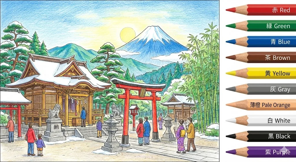 お正月の塗り絵 完成見本（彩色の見本）