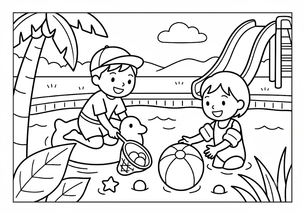 高齢者向け無料塗り絵：浮き輪に乗った男の子とビーチボールで遊ぶ女の子、夏のプール遊び（脳トレ・A4印刷用）