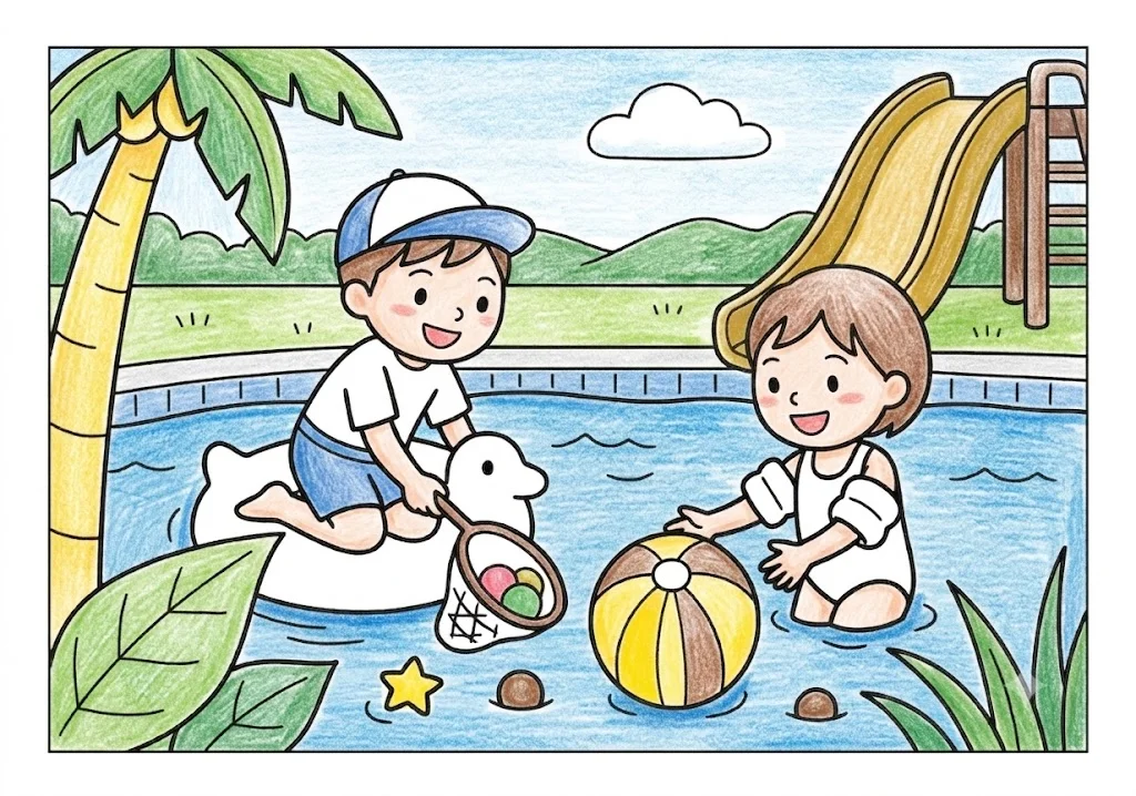 プール遊びの塗り絵 完成見本（彩色の見本）