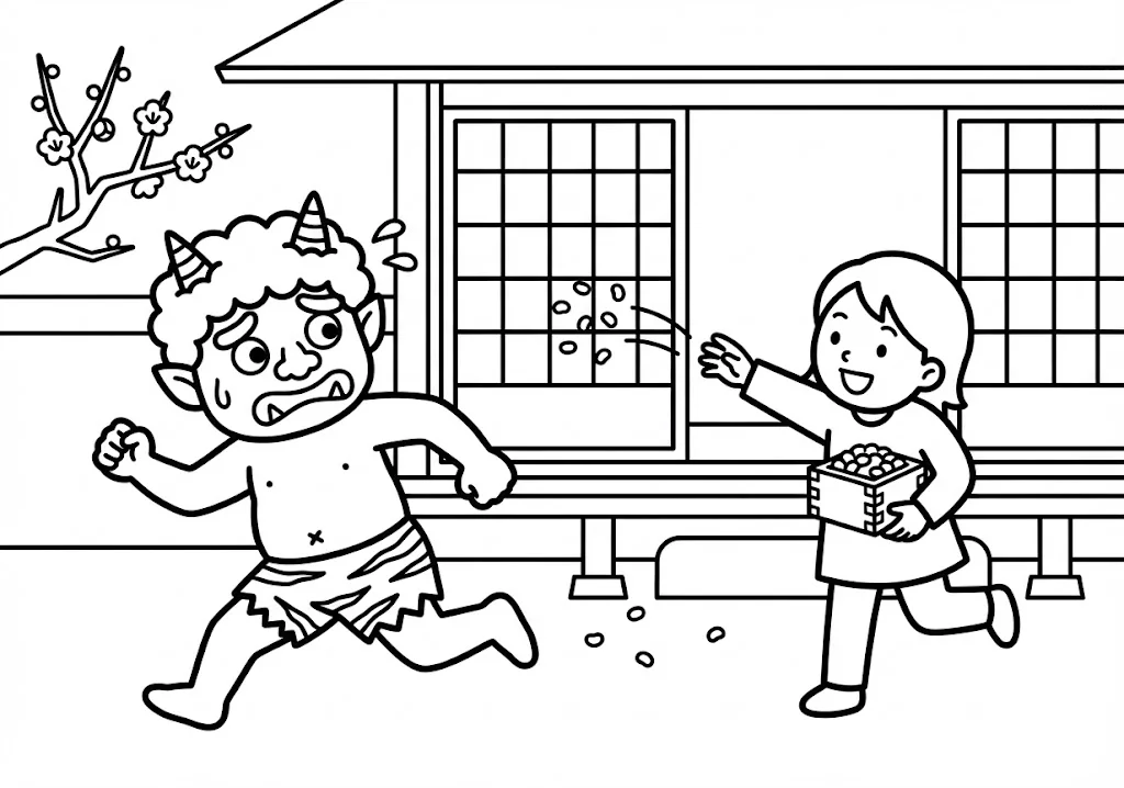 高齢者向け無料塗り絵：厄を払い福を呼ぶ節分の豆まきの様子（脳トレ・A4印刷用）
