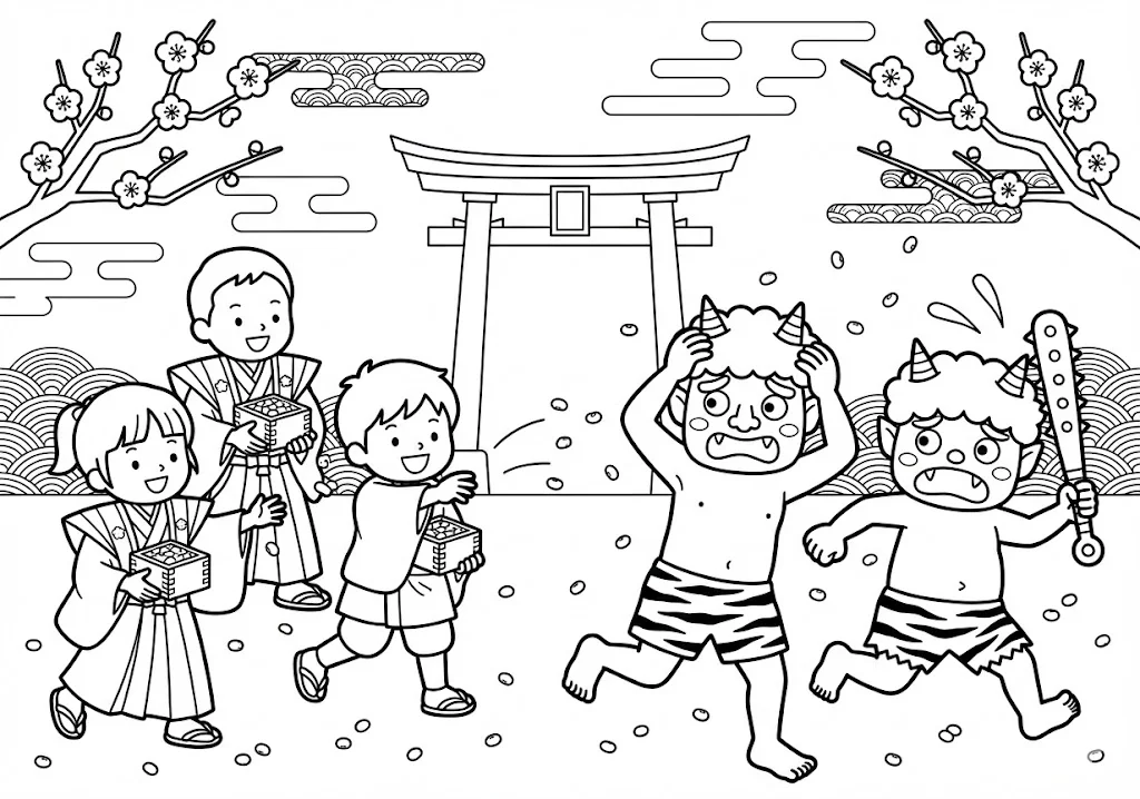 高齢者向け無料塗り絵：厄を払い福を呼ぶ節分の豆まきの様子（脳トレ・A4印刷用）