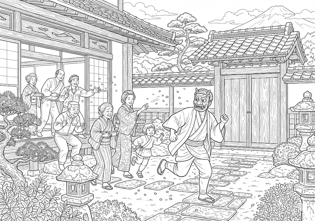 高齢者向け無料塗り絵：厄を払い福を呼ぶ節分の豆まきの様子（脳トレ・A4印刷用）