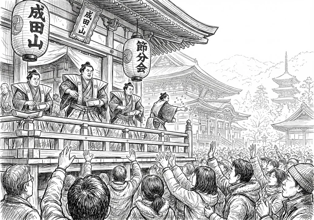 高齢者向け無料塗り絵：厄を払い福を呼ぶ節分の豆まきの様子（脳トレ・A4印刷用）