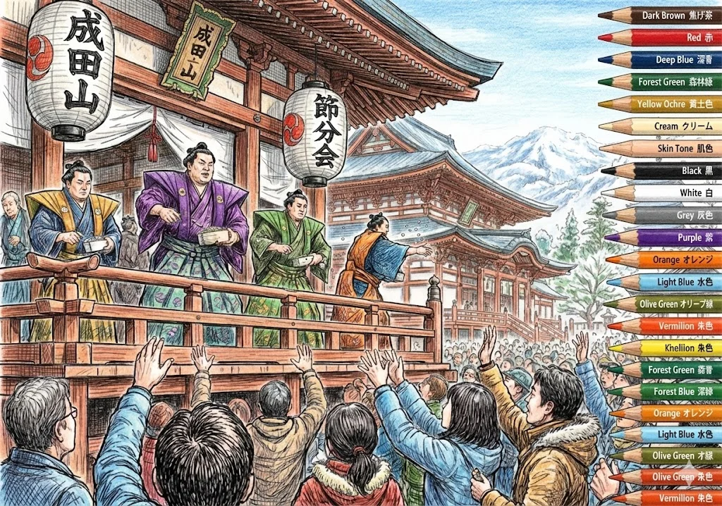 節分の塗り絵 完成見本（彩色の見本）