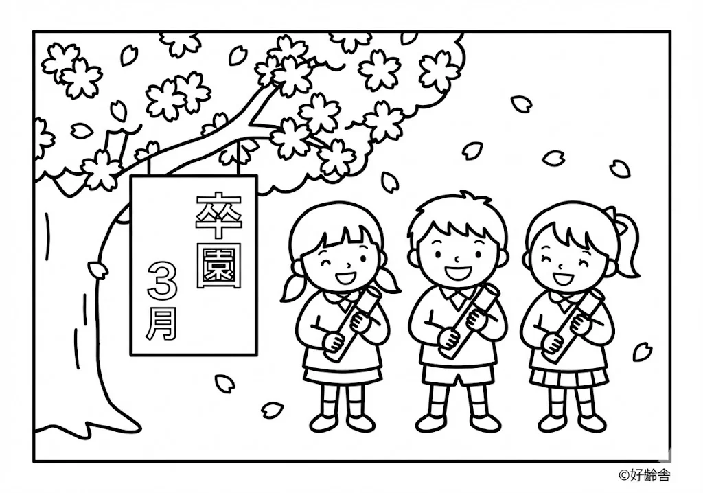 高齢者向け無料塗り絵：たくさんの思い出を胸に、立派に成長した姿をお祝いする卒園式（脳トレ・A4印刷用）