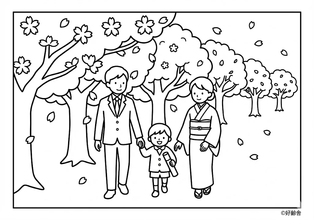 高齢者向け無料塗り絵：たくさんの思い出を胸に、立派に成長した姿をお祝いする卒園式（脳トレ・A4印刷用）