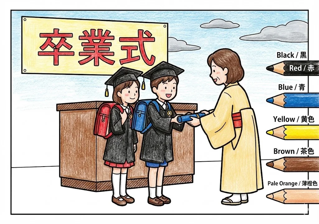 卒業の塗り絵 完成見本（彩色の見本）