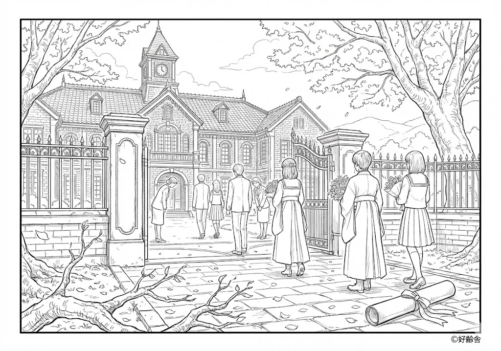 高齢者向け無料塗り絵：学び舎との別れと新しい旅立ちを彩る、感動の卒業式（脳トレ・A4印刷用）