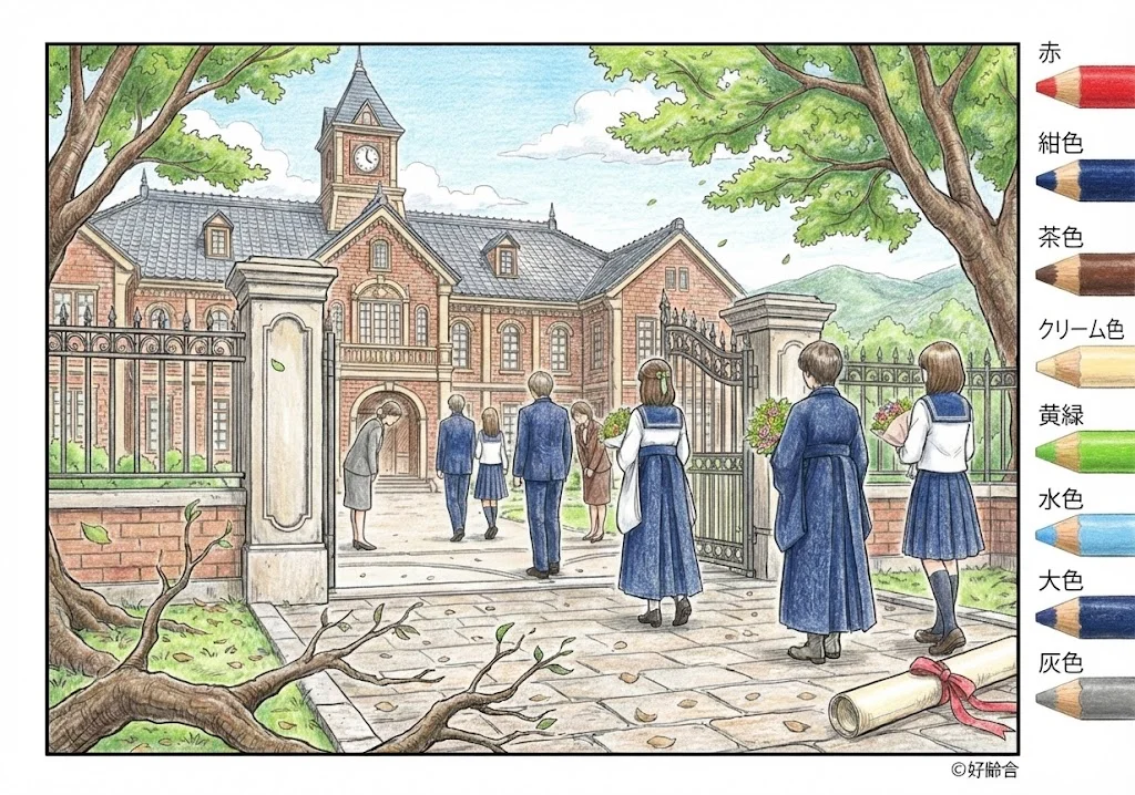 卒業の塗り絵 完成見本（彩色の見本）