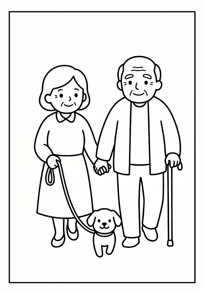 高齢者向け無料塗り絵：愛犬と寄り添い、仲良く手をつないで歩くご夫婦の散歩（脳トレ・A4印刷用）