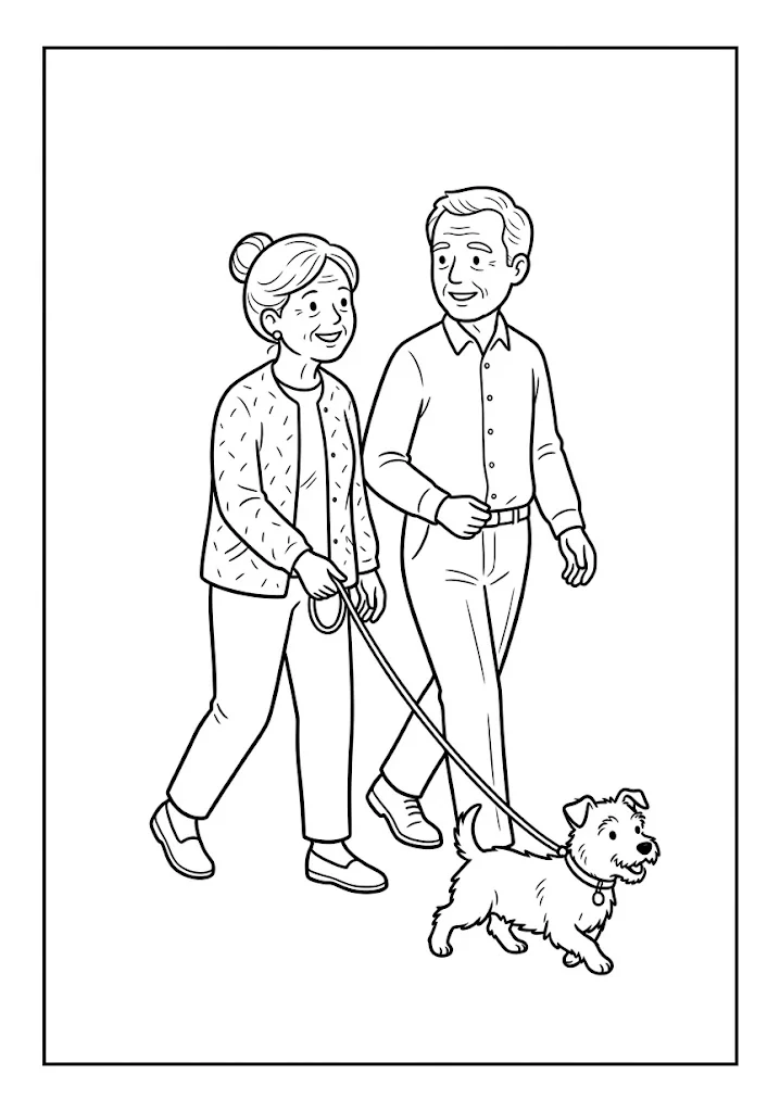高齢者向け無料塗り絵：愛犬と寄り添い、仲良く手をつないで歩くご夫婦の散歩（脳トレ・A4印刷用）