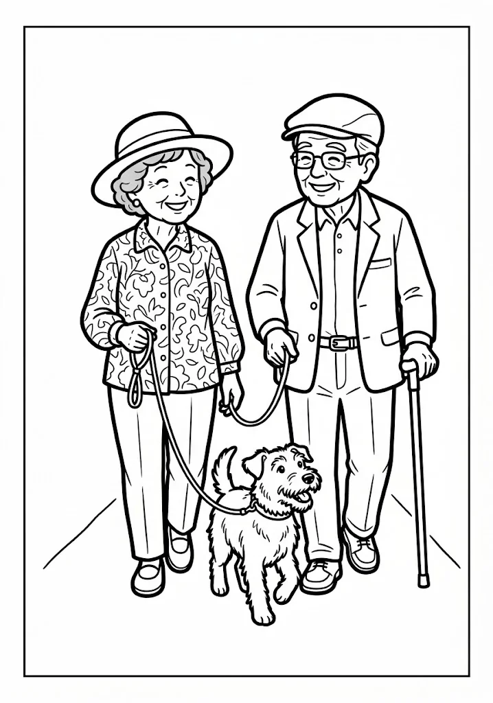 高齢者向け無料塗り絵：愛犬と寄り添い、仲良く手をつないで歩くご夫婦の散歩（脳トレ・A4印刷用）