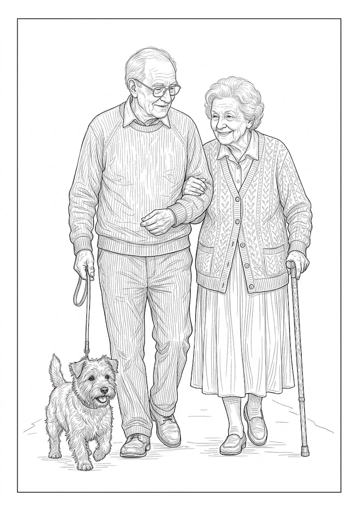 高齢者向け無料塗り絵：愛犬と寄り添い、仲良く手をつないで歩くご夫婦の散歩（脳トレ・A4印刷用）