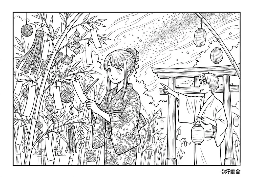 高齢者向け無料塗り絵：天の川を彩る織姫と彦星の伝説を思いながら楽しむ七夕（脳トレ・A4印刷用）