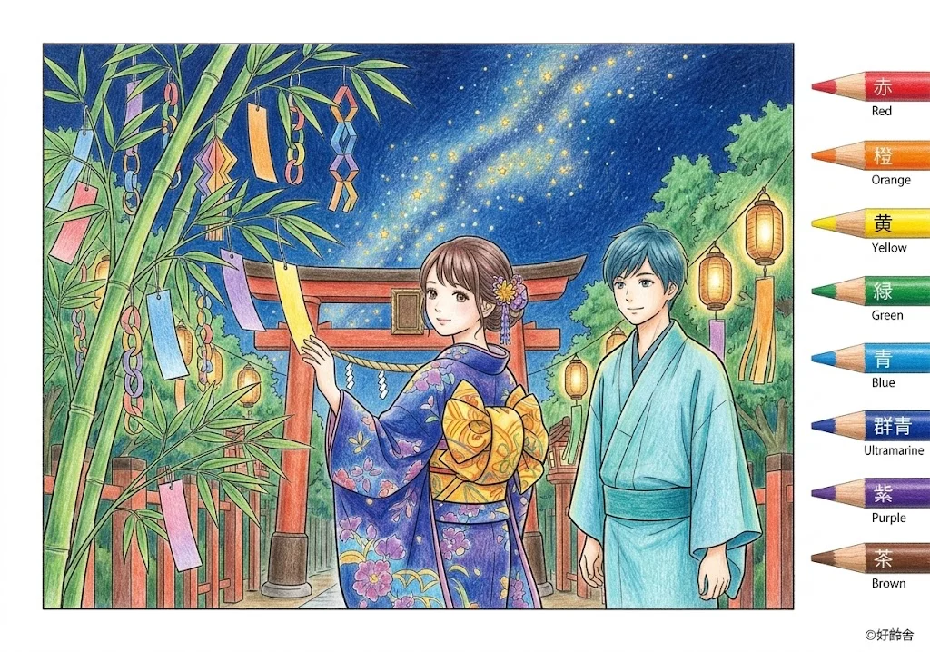 七夕の塗り絵 完成見本（彩色の見本）