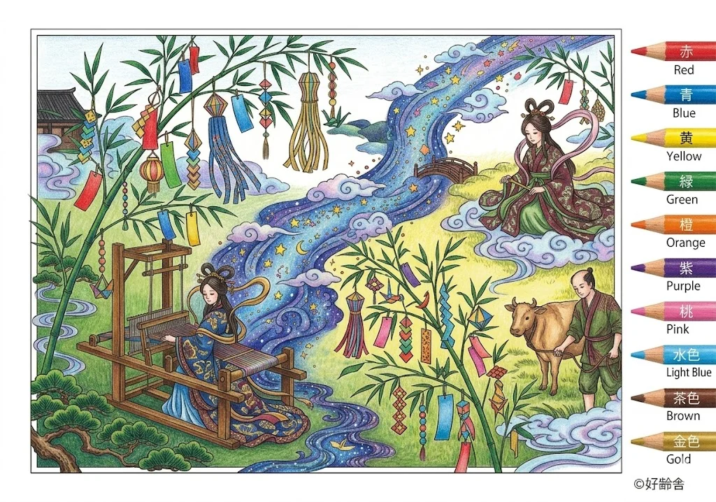 七夕の塗り絵 完成見本（彩色の見本）