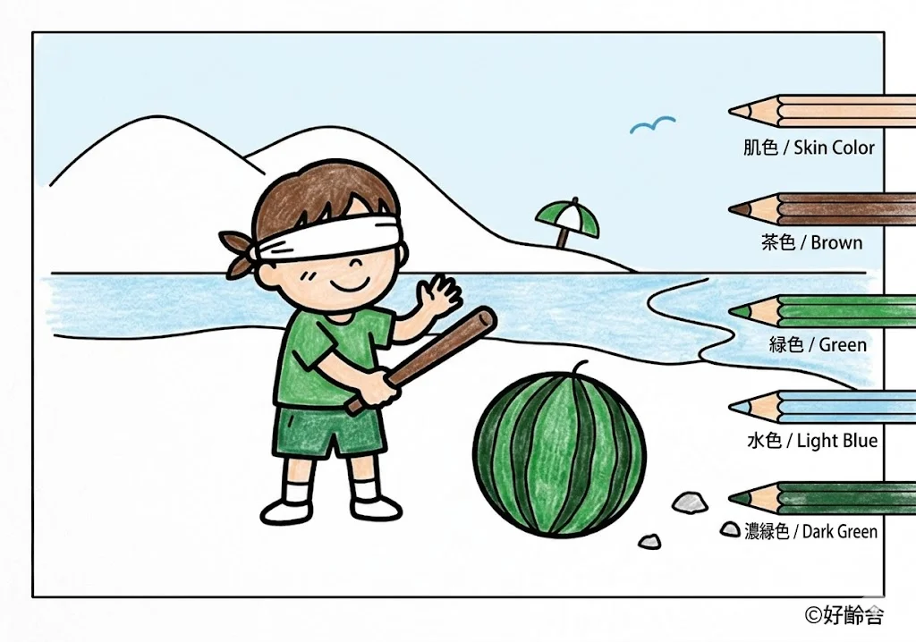 スイカ割りの塗り絵 完成見本（彩色の見本）