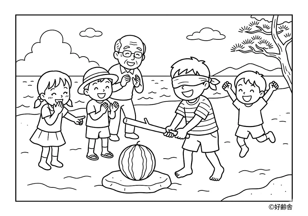 高齢者向け無料塗り絵：周囲の声に耳を澄ませながら大きなスイカを狙うワクワクする絵柄（脳トレ・A4印刷用）