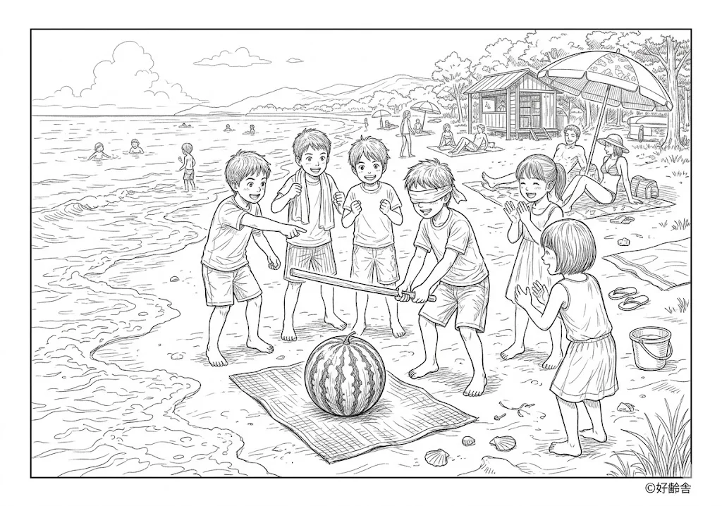 高齢者向け無料塗り絵：スイカ割りの様子を芸術的なタッチで描いた夏にぴったりの繊細な線画（脳トレ・A4印刷用）