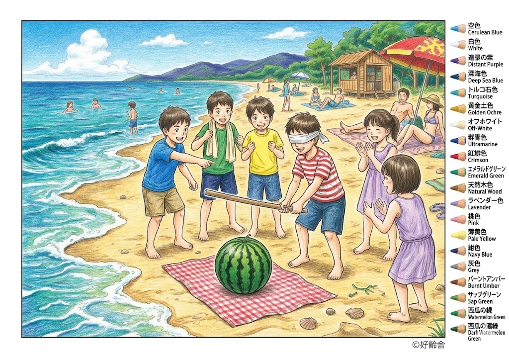 スイカ割りの塗り絵 完成見本（彩色の見本）