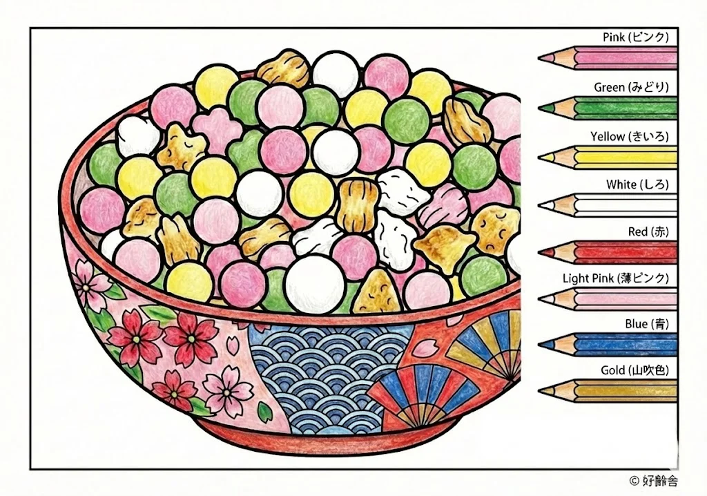 ひな祭りの食べ物（完成見本） (Hinamatsuri Food (Girl's Festival Foods)) ｜ 高齢者（g3b3）向け無料塗り絵｜美味しい食べ物イラスト