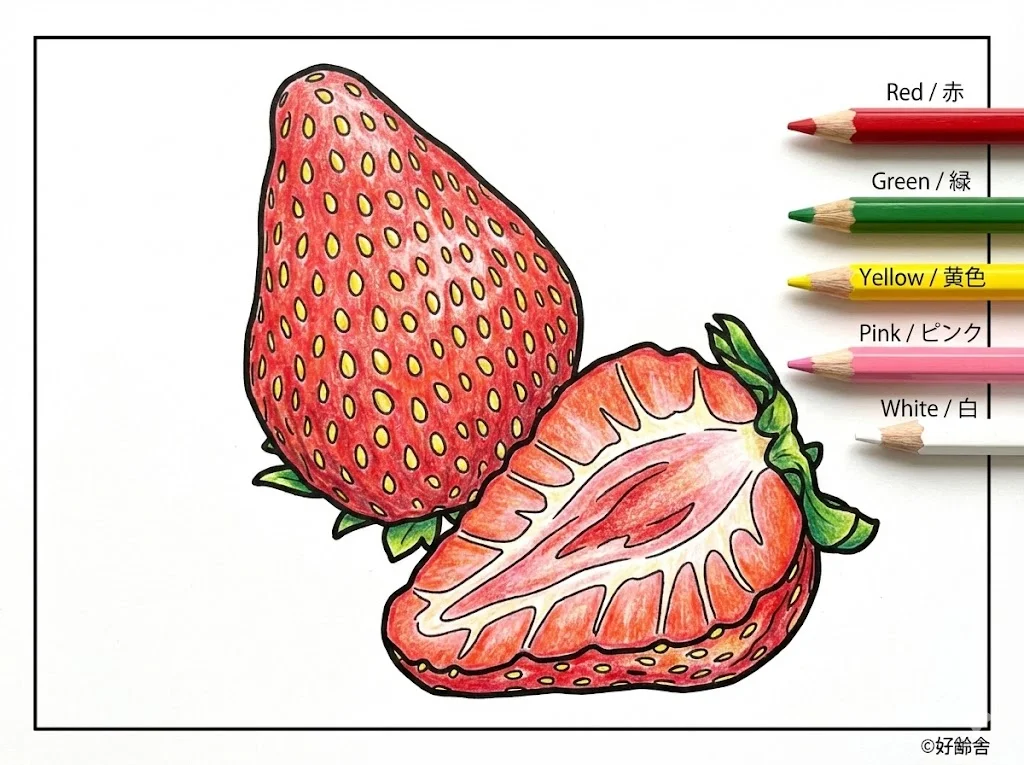 いちご(完成見本) (Strawberry) | 高齢者(g3b3)向け無料塗り絵|美味しい食べ物イラスト
