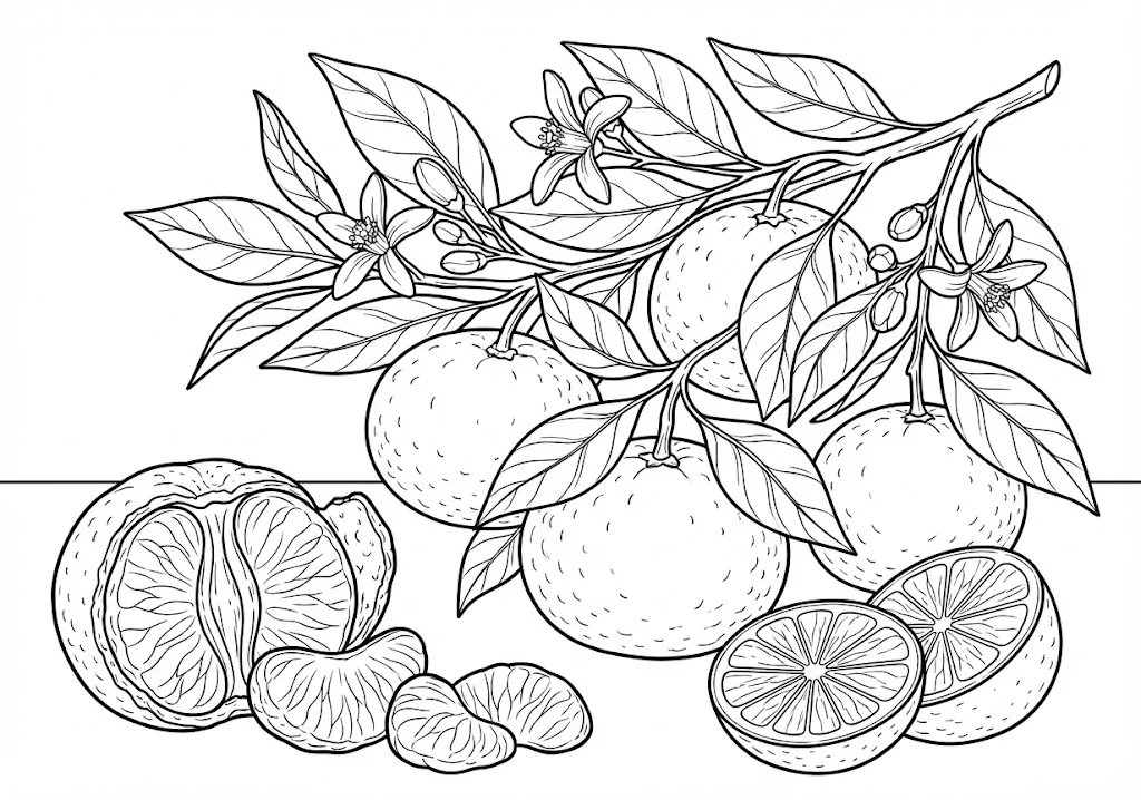 みかん (Mandarin Orange) ｜ 高齢者（g3b3）向け無料塗り絵｜美味しい食べ物イラスト