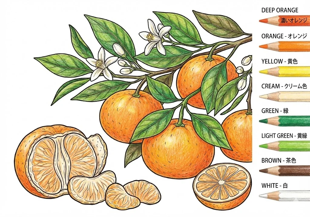 みかん（完成見本） (Mandarin Orange) ｜ 高齢者（g3b3）向け無料塗り絵｜美味しい食べ物イラスト