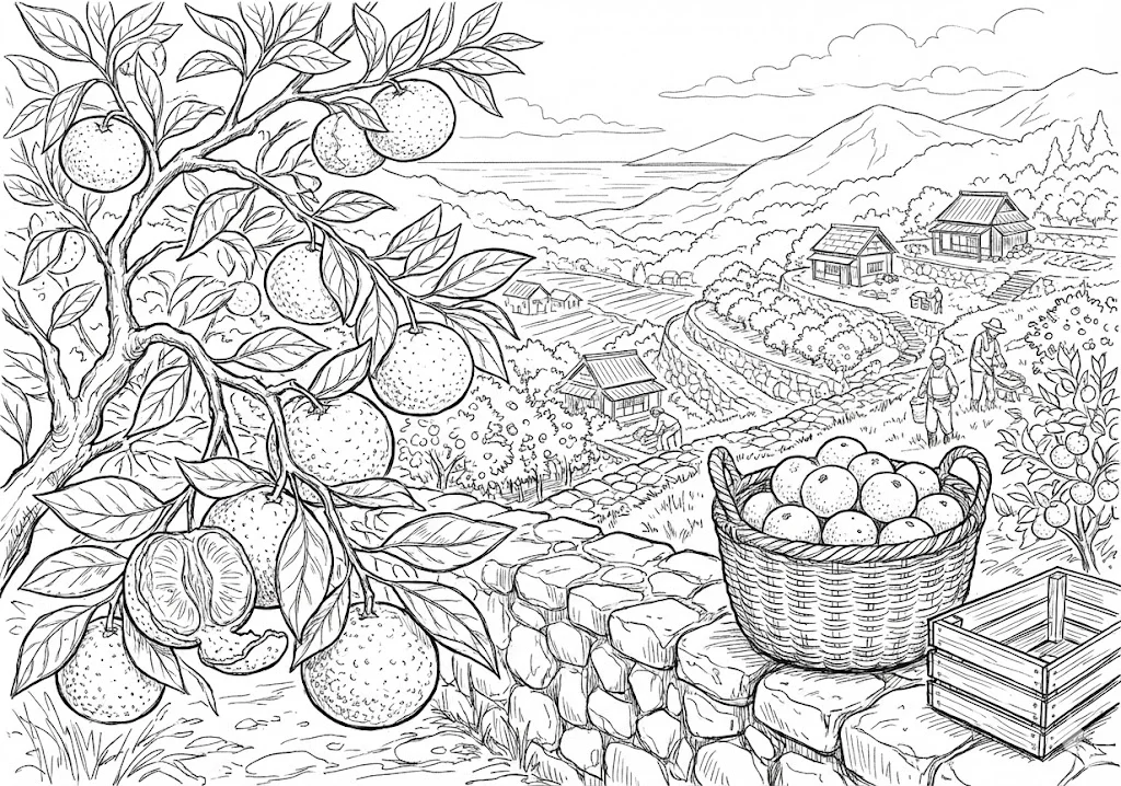 みかん (Mandarin Orange) ｜ 高齢者（g3b3）向け無料塗り絵｜美味しい食べ物イラスト