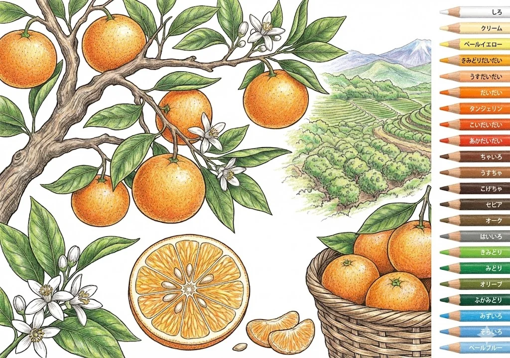みかん（完成見本） (Mandarin Orange) ｜ 高齢者（g3b3）向け無料塗り絵｜美味しい食べ物イラスト