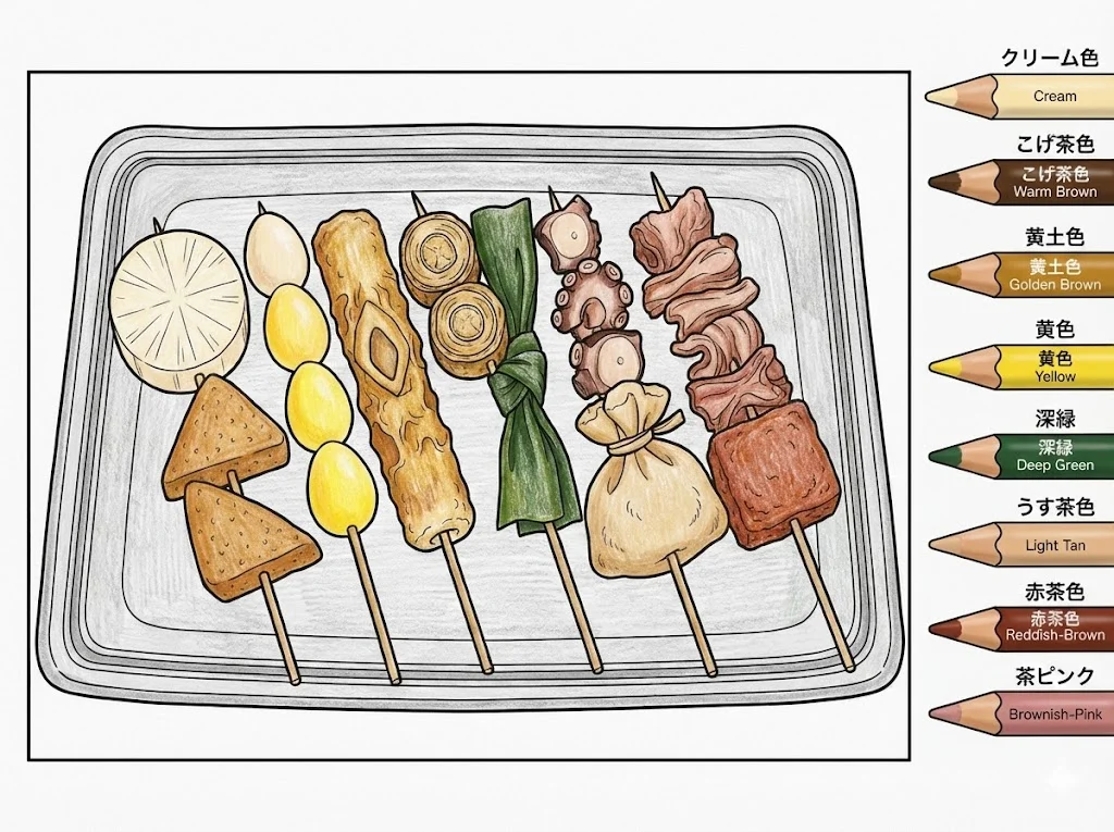 おでん（完成見本） (Oden (Japanese Hot Pot)) ｜ 高齢者（g3b3）向け無料塗り絵｜美味しい食べ物イラスト