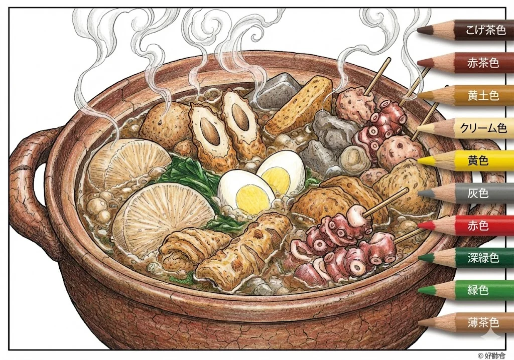 おでん（完成見本） (Oden (Japanese Hot Pot)) ｜ 高齢者（g3b3）向け無料塗り絵｜美味しい食べ物イラスト
