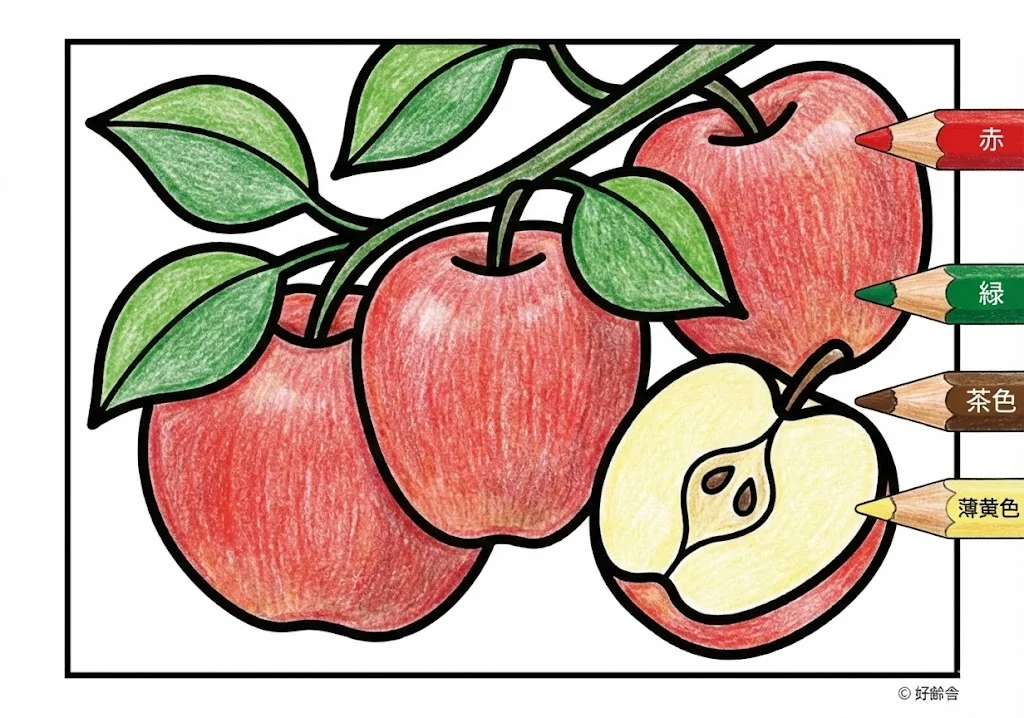 りんご（完成見本） (Apple) ｜ 高齢者（g3b3）向け無料塗り絵｜美味しい食べ物イラスト