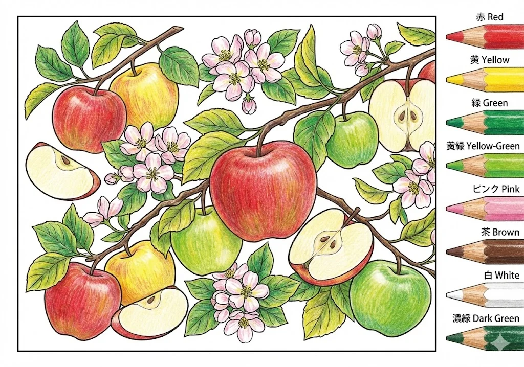りんご（完成見本） (Apple) ｜ 高齢者（g3b3）向け無料塗り絵｜美味しい食べ物イラスト