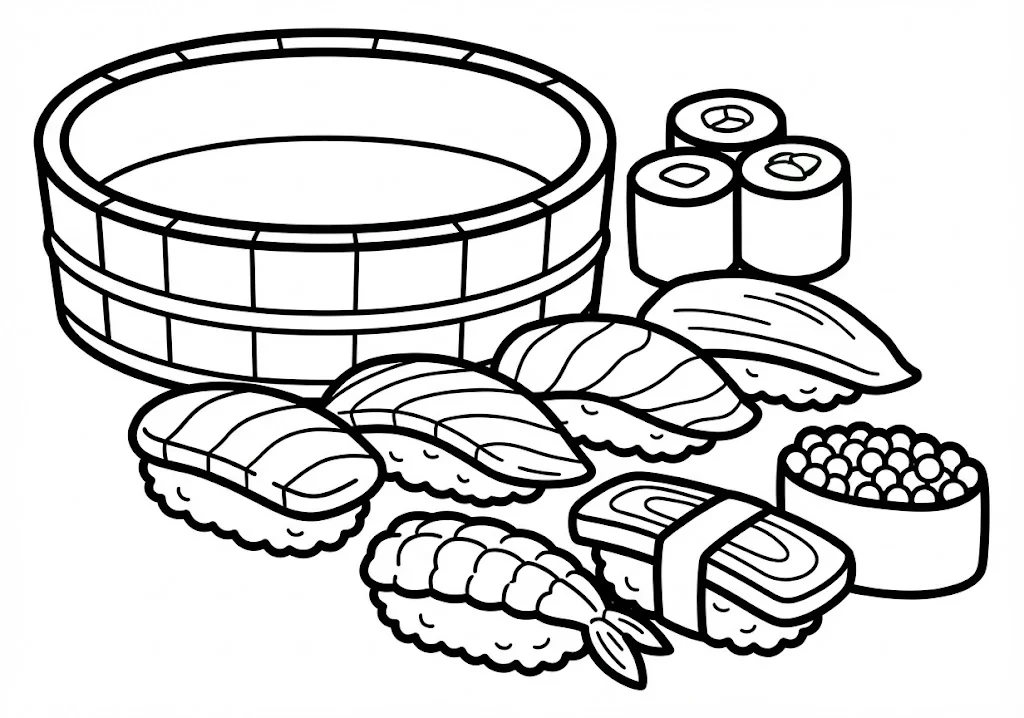 寿司 (Sushi (Japanese Rice Dish)) ｜ 高齢者（g3b3）向け無料塗り絵｜美味しい食べ物イラスト