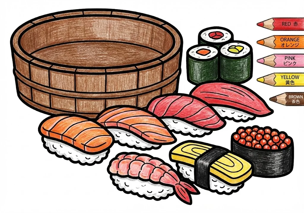 寿司（完成見本） (Sushi (Japanese Rice Dish)) ｜ 高齢者（g3b3）向け無料塗り絵｜美味しい食べ物イラスト