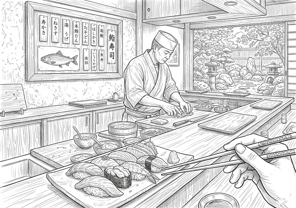 寿司 (Sushi (Japanese Rice Dish)) ｜ 高齢者（g3b3）向け無料塗り絵｜美味しい食べ物イラスト