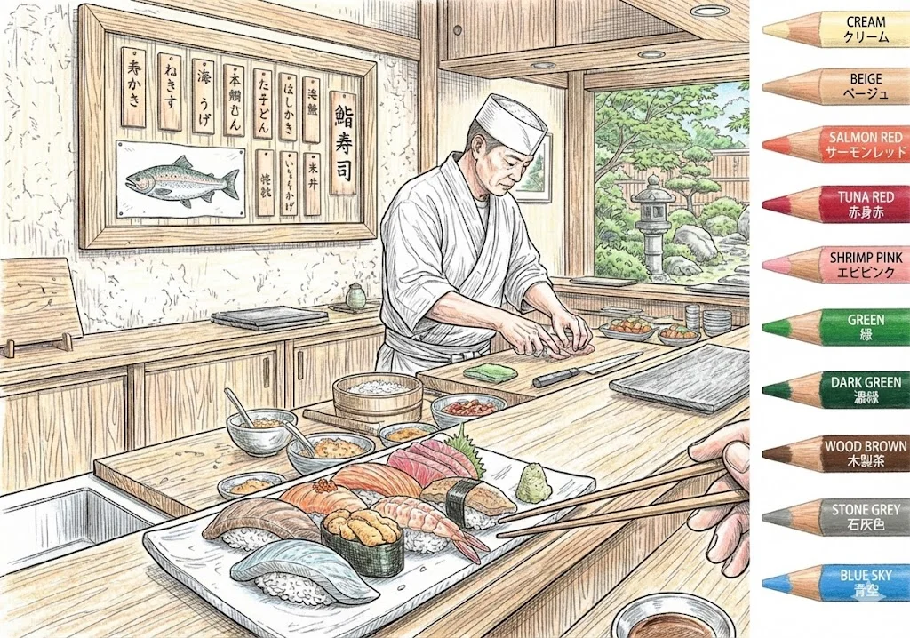 寿司（完成見本） (Sushi (Japanese Rice Dish)) ｜ 高齢者（g3b3）向け無料塗り絵｜美味しい食べ物イラスト