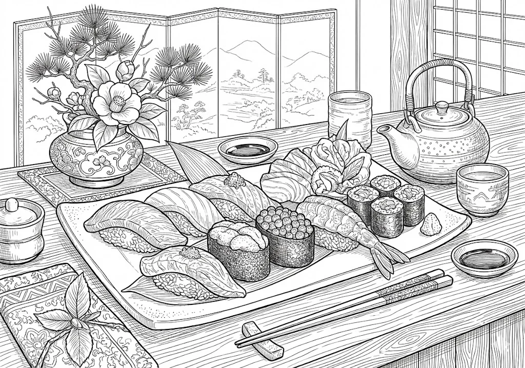 寿司 (Sushi (Japanese Rice Dish)) ｜ 高齢者（g3b3）向け無料塗り絵｜美味しい食べ物イラスト