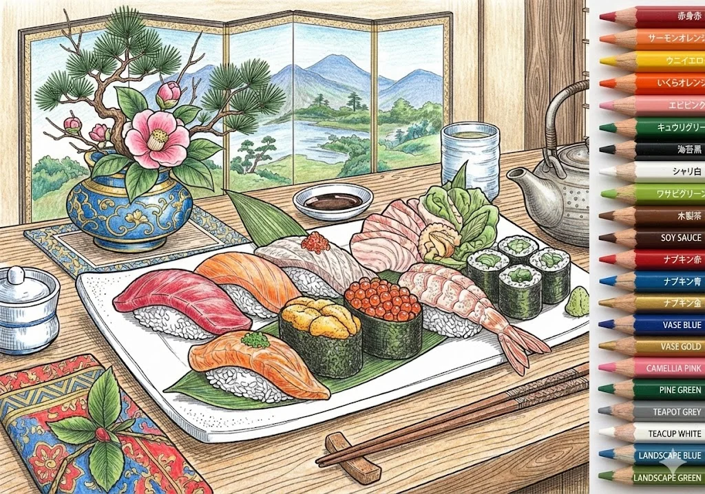 寿司（完成見本） (Sushi (Japanese Rice Dish)) ｜ 高齢者（g3b3）向け無料塗り絵｜美味しい食べ物イラスト