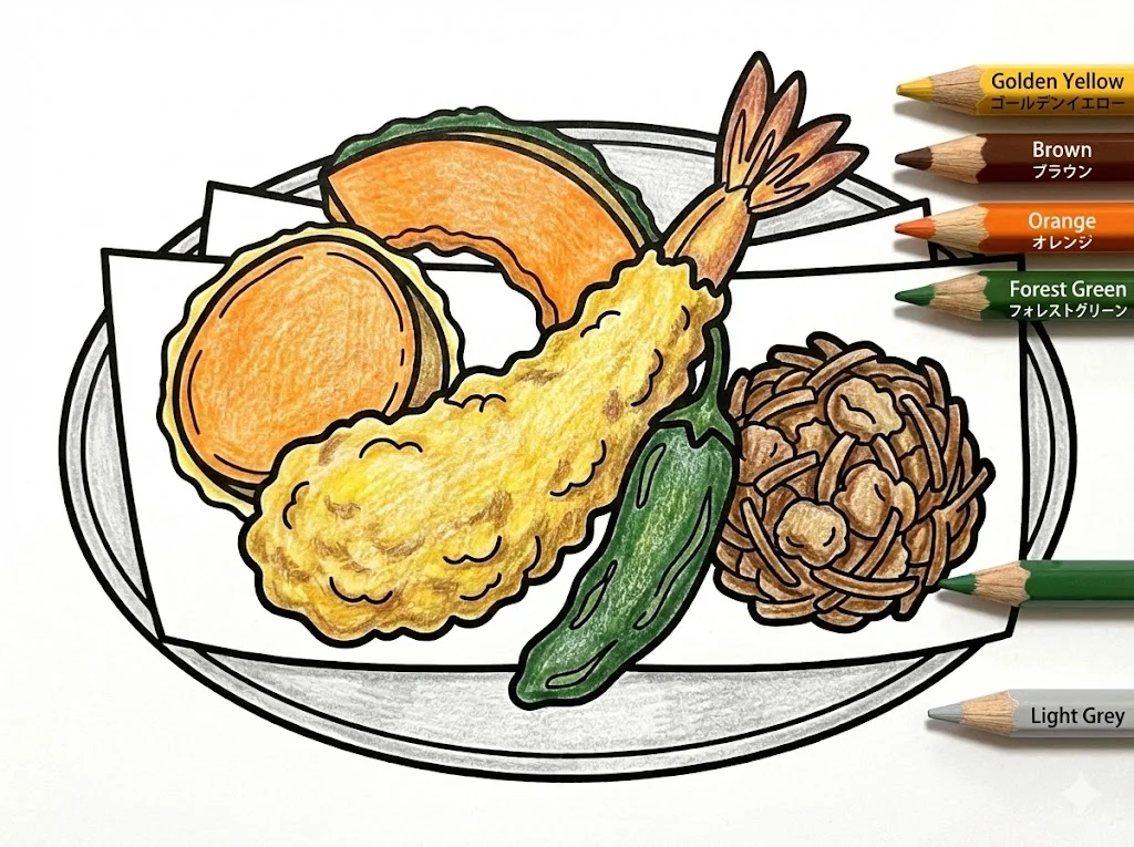 天ぷら（完成見本） (Tempura (Deep-fried Seafood & Vegetables)) ｜ 高齢者（g3b3）向け無料塗り絵｜美味しい食べ物イラスト