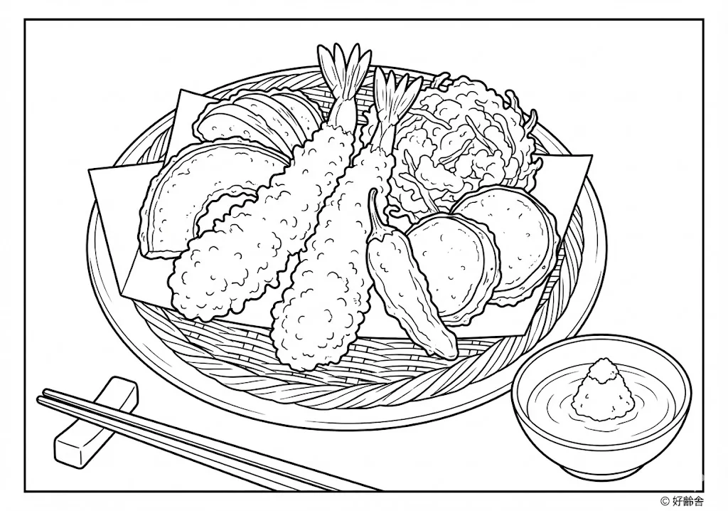 天ぷら (Tempura (Deep-fried Seafood & Vegetables)) ｜ 高齢者（g3b3）向け無料塗り絵｜美味しい食べ物イラスト